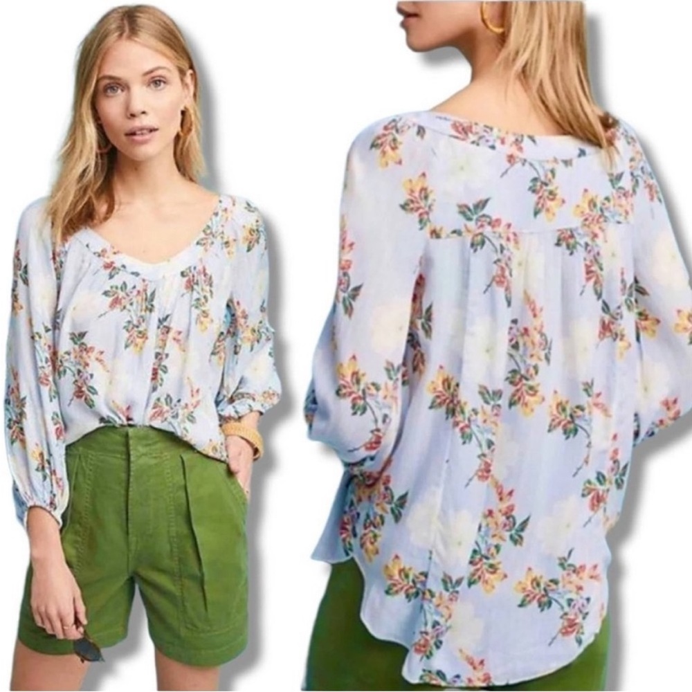 Anthropologie Maeve Boswell Blue/White Striped Floral Peasant Blouse. Size 12